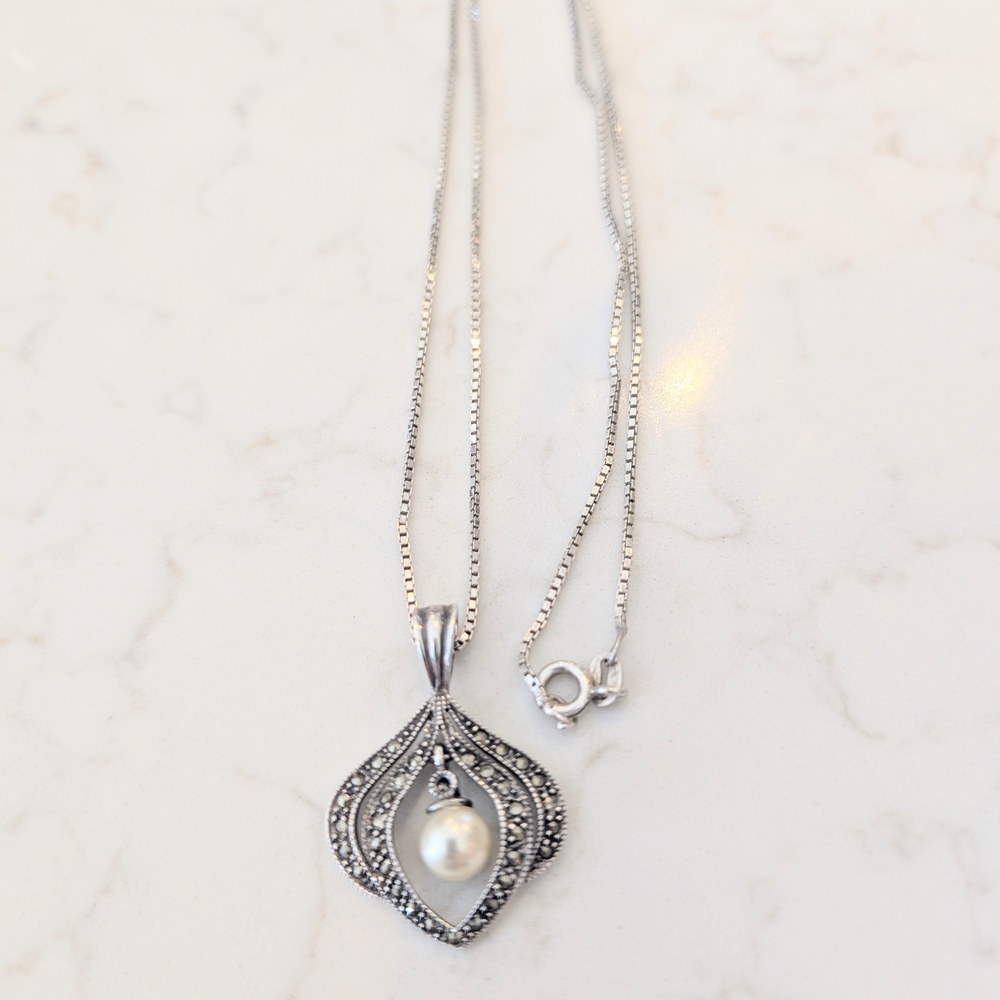 Vintage Sterling Silver Marcasite/Faux Pearl Pendant/22” Italian 925 Chain - CB